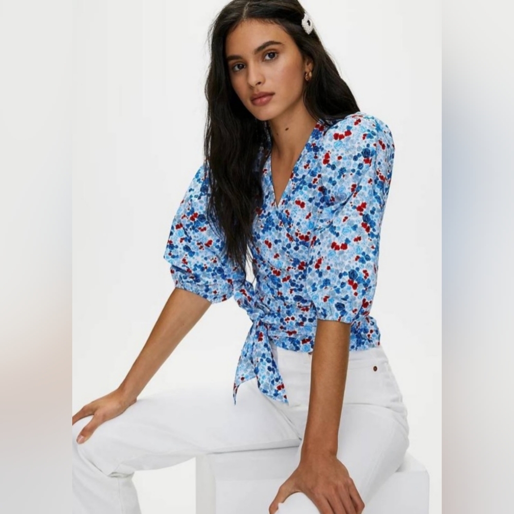Aritzia Little Moon Women's Floral Wrap Top - Blue and Red 100% Cotton US S